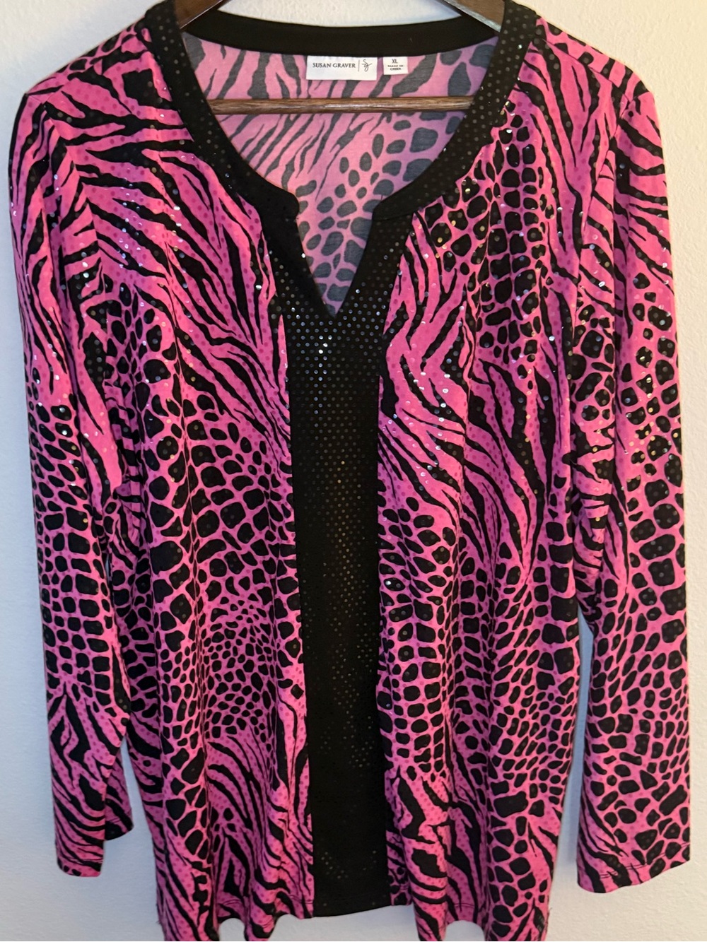 Susan Graver Hot Pink Animal-Print Open Front Cardigan with Black Trim